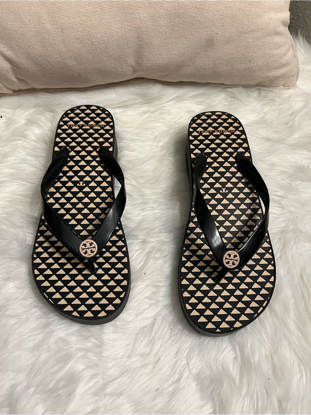 Tory Burch Black and Beige Logo Medallion Flip Flop Sandals